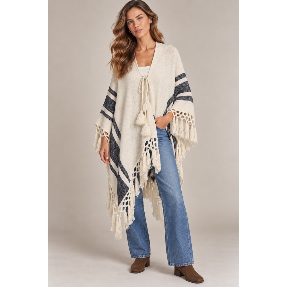 FIGUE 100% Superfine Alpaca Woven Fringe Blanket Wrap Poncho OS